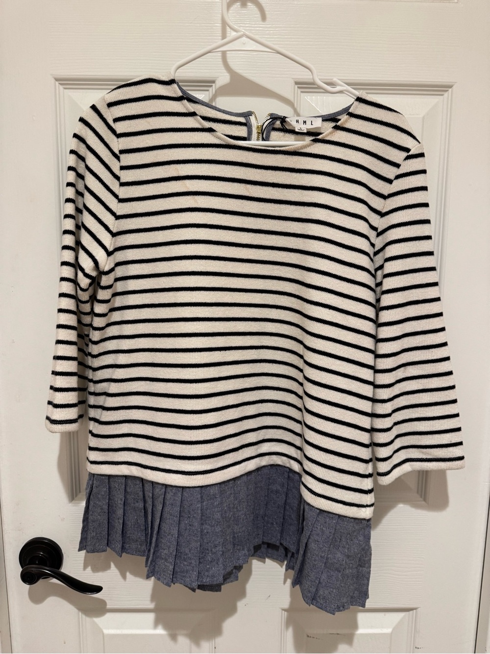 THML striped knit contrast pleated hem Blue & White with Navy Trim top